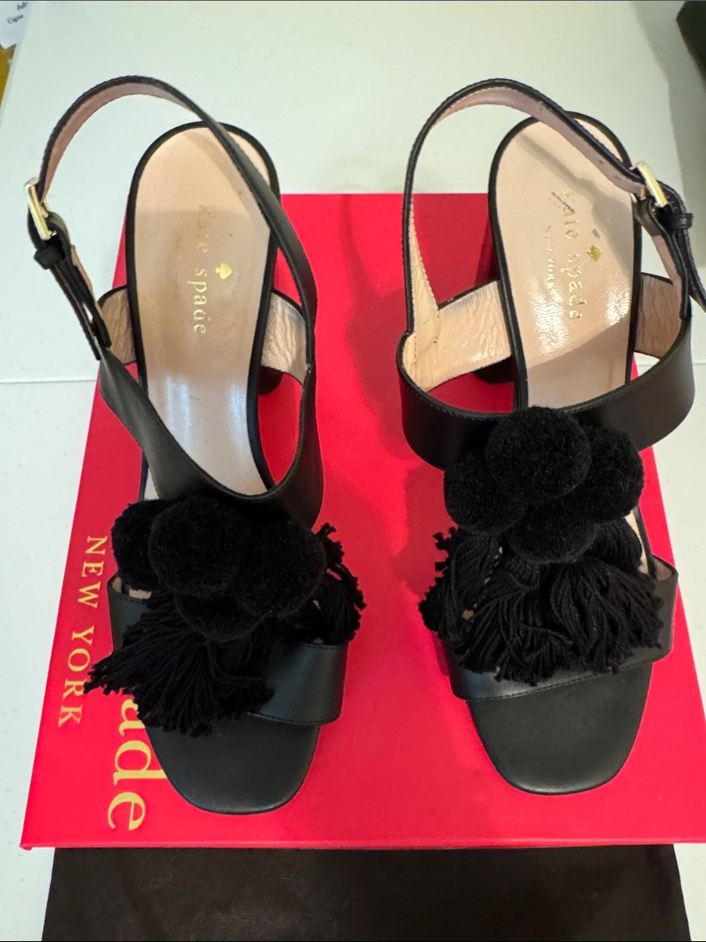 kate spade Black Pom-Pom Fringe Slingback Heels